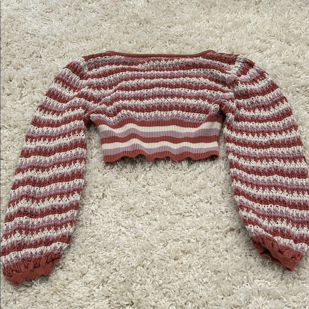 Altar'd State Red and Cream Striped Briella Crop Top Sweater - Picture 2 of 2